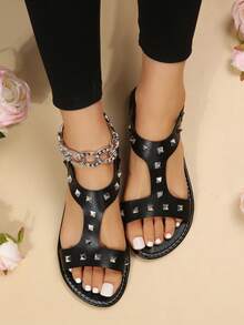 女性鉚釘裝飾踝帶人造皮革龐克涼鞋黑色 - 黑色 - 查看 2