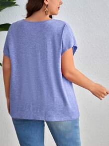 SHEIN Unity Áo thun Plus size Nút phía trước màu trơn Giải trí - Màu xanh lam - Xem 2