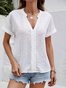 SHEIN VCAY Eyelet Embroidery Batwing Sleeve Blouse - White - View 3