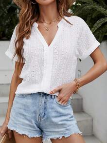 SHEIN VCAY Eyelet Embroidery Batwing Sleeve Blouse - White - View 4