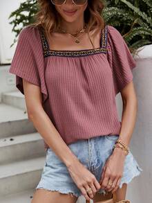 SHEIN VCAY Contrast Geo Tape Square Neck Waffle Knit Tee - Dusty Pink - View 5