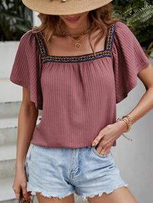 SHEIN VCAY Contrast Geo Tape Square Neck Waffle Knit Tee - Dusty Pink - View 6