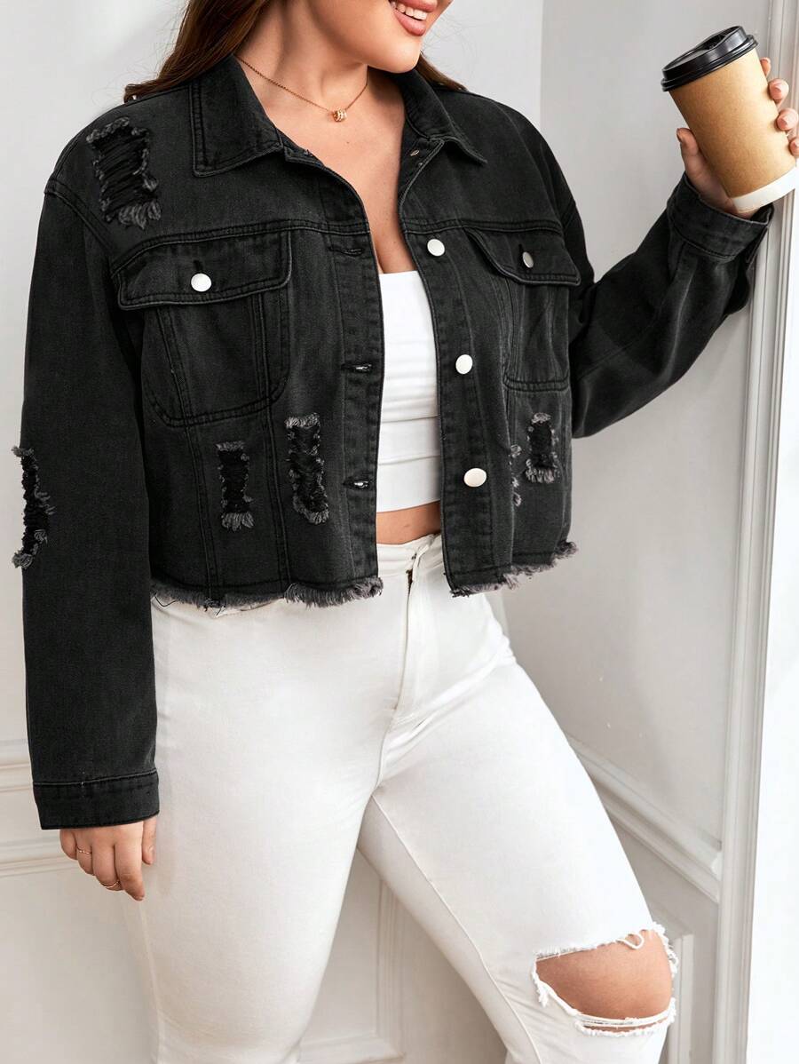 SHEIN Essnce Plus Ripped Raw Hem Denim Jacket - Black - View 1