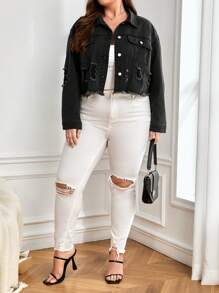 SHEIN Essnce Plus Ripped Raw Hem Denim Jacket - Black - View 4