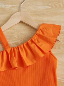 SHEIN Toddler Girls Asymmetrical Neck Ruffle Trim Top & Tropical Print Skirt - Multicolor - View 3