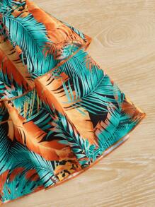 SHEIN Toddler Girls Asymmetrical Neck Ruffle Trim Top & Tropical Print Skirt - Multicolor - View 4