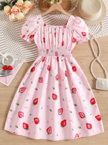 SHEIN Girls Strawberry Print Puff Sleeve Dress - Pink - View 2