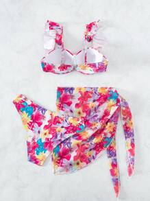 Floral Print Ruffle Trim Push Up Bikini Set With Beach Skirt - Multicolor - View 7