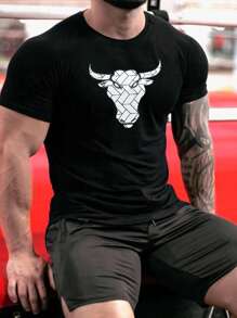 Manfinity Fitness Camiseta deportiva para hombre con estampado de cabeza de ganado, parte superior de entrenamiento - Negro - Ver 1