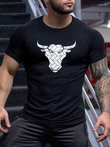 Manfinity Fitness Camiseta deportiva para hombre con estampado de cabeza de ganado, parte superior de entrenamiento - Negro - Ver 3