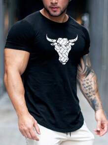 Manfinity Fitness Camiseta deportiva para hombre con estampado de cabeza de ganado, parte superior de entrenamiento - Negro - Ver 4