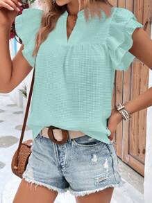 SHEIN VCAY Áo sơ mi nữ Xù màu trơn Giải trí - Màu xanh bạc hà - Xem 5