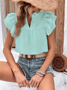 SHEIN VCAY Áo sơ mi nữ Xù màu trơn Giải trí - Màu xanh bạc hà - Xem 6
