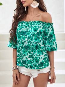 SHEIN VCAY Allover Floral Print Off Shoulder Frill Trim Blouse - Multicolor - View 7