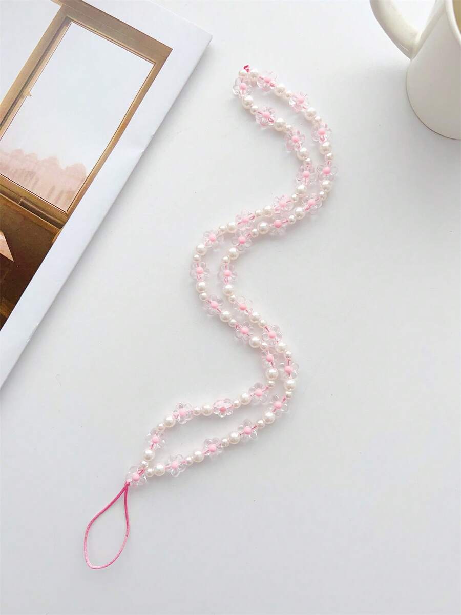 1入組花朵裝飾串珠手機掛繩 - 粉色 - 查看 1