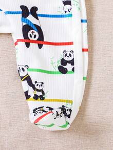 SHEIN Baby Striped & Panda Print Footed Sleep Jumpsuit - White - View 3
