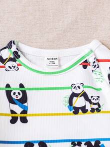 SHEIN Baby Striped & Panda Print Footed Sleep Jumpsuit - White - View 5