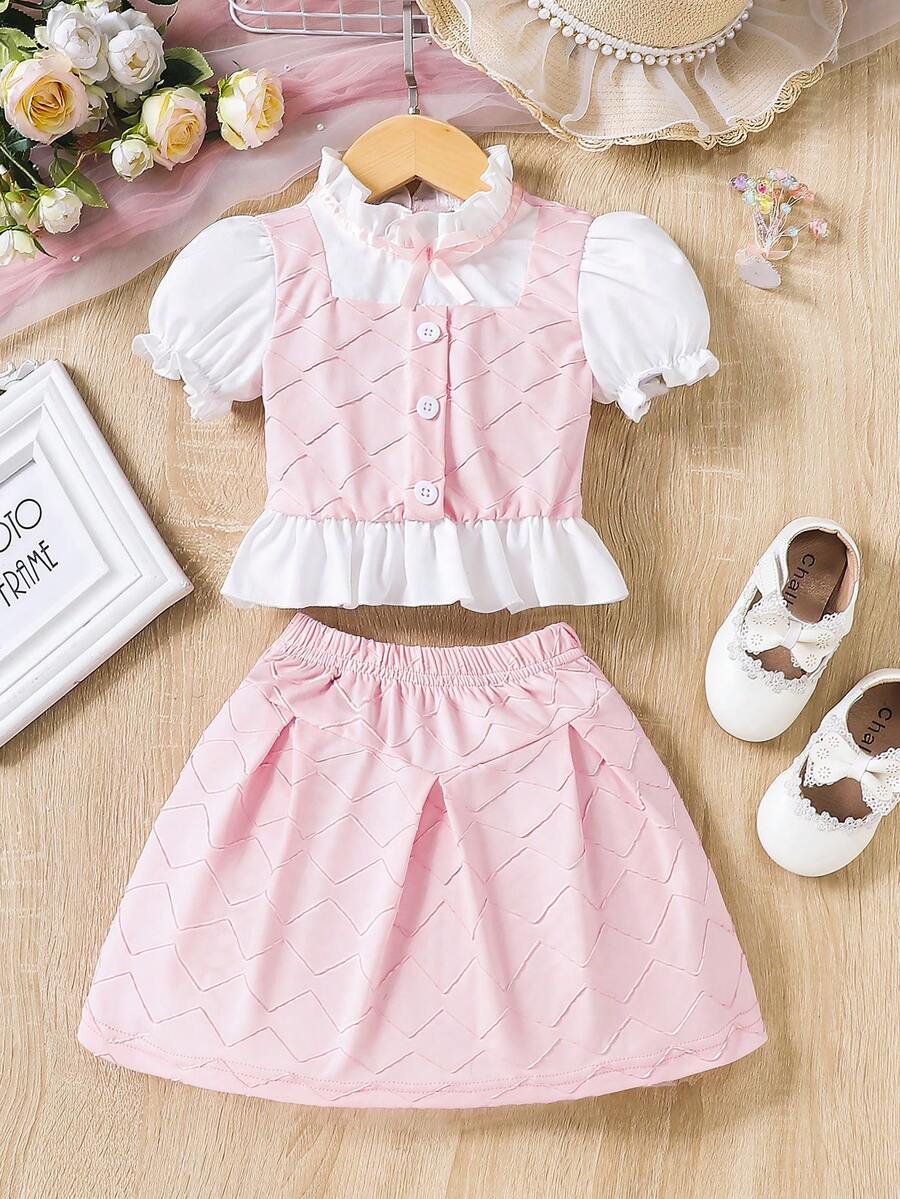 SHEIN Bộ đồ Em bé viền lá sen Viên lá sen Nút phía trước Khối Màu - Nhiều màu - Xem 1