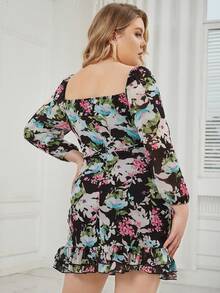 Eilly Bazar Plus Floral Print Knot Front Ruffle Trim Wrap Hem Dress