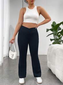 SHEIN EZwear 大碼素色喇叭褲 - 藏蓝色 - 查看 3