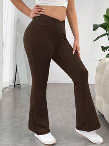 SHEIN EZwear Pantalones acampanados unicolor - Café integral - Ver 3