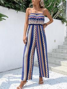 SHEIN VCAY Striped Print Wide Leg Cami Jumpsuit - Navy Blue - View 3