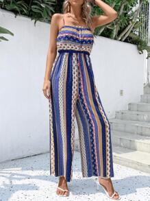 SHEIN VCAY Striped Print Wide Leg Cami Jumpsuit - Navy Blue - View 4
