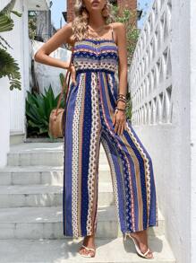 SHEIN VCAY Striped Print Wide Leg Cami Jumpsuit - Navy Blue - View 6