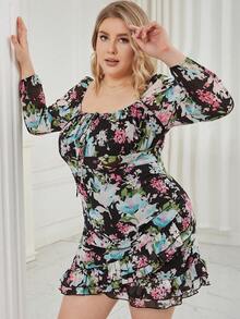 Eilly Bazar Plus Floral Print Knot Front Ruffle Trim Wrap Hem Dress