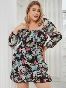 Eilly Bazar Plus Floral Print Knot Front Ruffle Trim Wrap Hem Dress