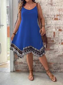 SHEIN Holidaya Plus Geo Print Asymmetrical Hem Cami Dress - Blue - View 1
