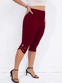 Celure 大碼鏤空下擺七分緊身打底褲 - 酒紅色 - 查看 2