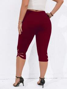 Celure 大碼鏤空下擺七分緊身打底褲 - 酒紅色 - 查看 3