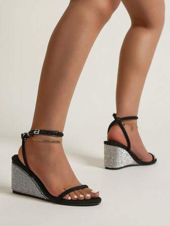 Women Rhinestone Decor Ankle Strap Sandals, Fashion Black Wedge Sandals
