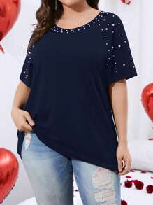 SHEIN LUNE Plus Pearls Beaded Batwing Sleeve Tee - Navy Blue - View 1