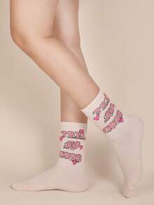 1雙女性愛心和字母圖案休閒中筒襪適用於日常 - 卡其色 - 查看 4