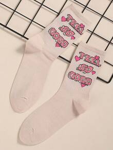 1雙女性愛心和字母圖案休閒中筒襪適用於日常 - 卡其色 - 查看 5