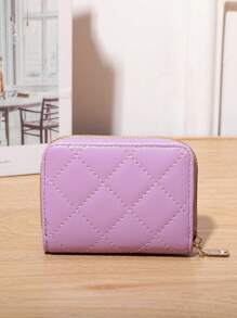 Purple Classic Card Holder Quilted Detail Zipper PU - Purple - View 2