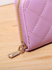 Purple Classic Card Holder Quilted Detail Zipper PU - Purple - View 5