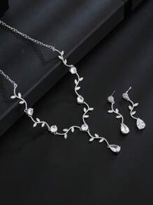 2pcs Luxury Sparkling Cubic Zirconia Bridal Jewelry Set, Women's Platinum Round Necklace And Earrings - Silver - View 2