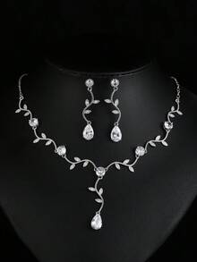 2pcs Luxury Sparkling Cubic Zirconia Bridal Jewelry Set, Women's Platinum Round Necklace And Earrings - Silver - View 1