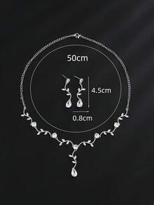 2pcs Luxury Sparkling Cubic Zirconia Bridal Jewelry Set, Women's Platinum Round Necklace And Earrings - Silver - View 3