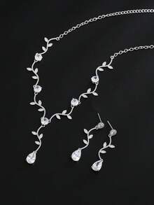 2pcs Luxury Sparkling Cubic Zirconia Bridal Jewelry Set, Women's Platinum Round Necklace And Earrings - Silver - View 4