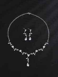 2pcs Luxury Sparkling Cubic Zirconia Bridal Jewelry Set, Women's Platinum Round Necklace And Earrings - Silver - View 5