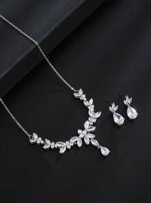 2 Pieces Vivid Leaves-Shape Dazzling Wedding Costume Accessories CZ Crystal Colorful Gift Earrings And Necklace Jewelry Sets - Silver - View 2