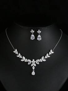 2 Pieces Vivid Leaves-Shape Dazzling Wedding Costume Accessories CZ Crystal Colorful Gift Earrings And Necklace Jewelry Sets - Silver - View 1