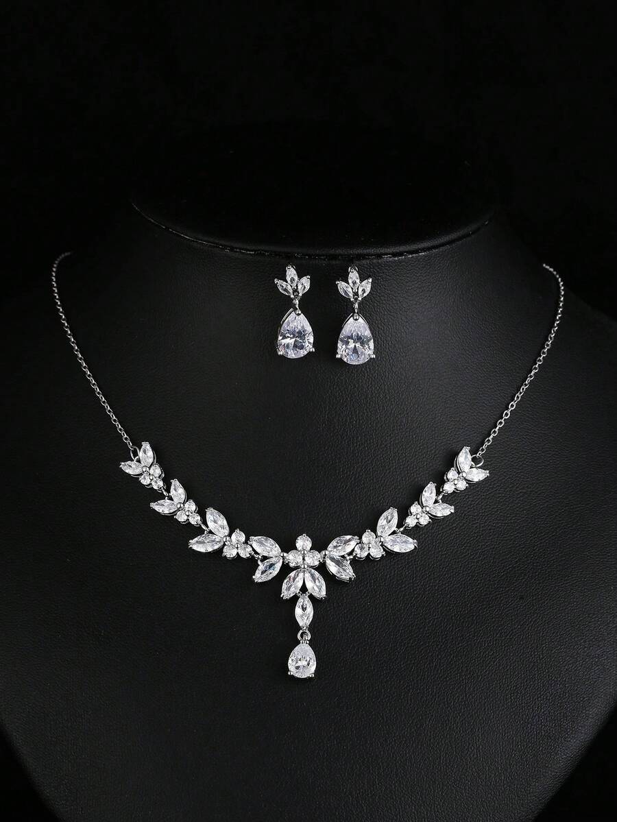 2 Pieces Vivid Leaves-Shape Dazzling Wedding Costume Accessories CZ Crystal Colorful Gift Earrings And Necklace Jewelry Sets - Silver - View 1