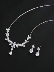 2 Pieces Vivid Leaves-Shape Dazzling Wedding Costume Accessories CZ Crystal Colorful Gift Earrings And Necklace Jewelry Sets - Silver - View 4