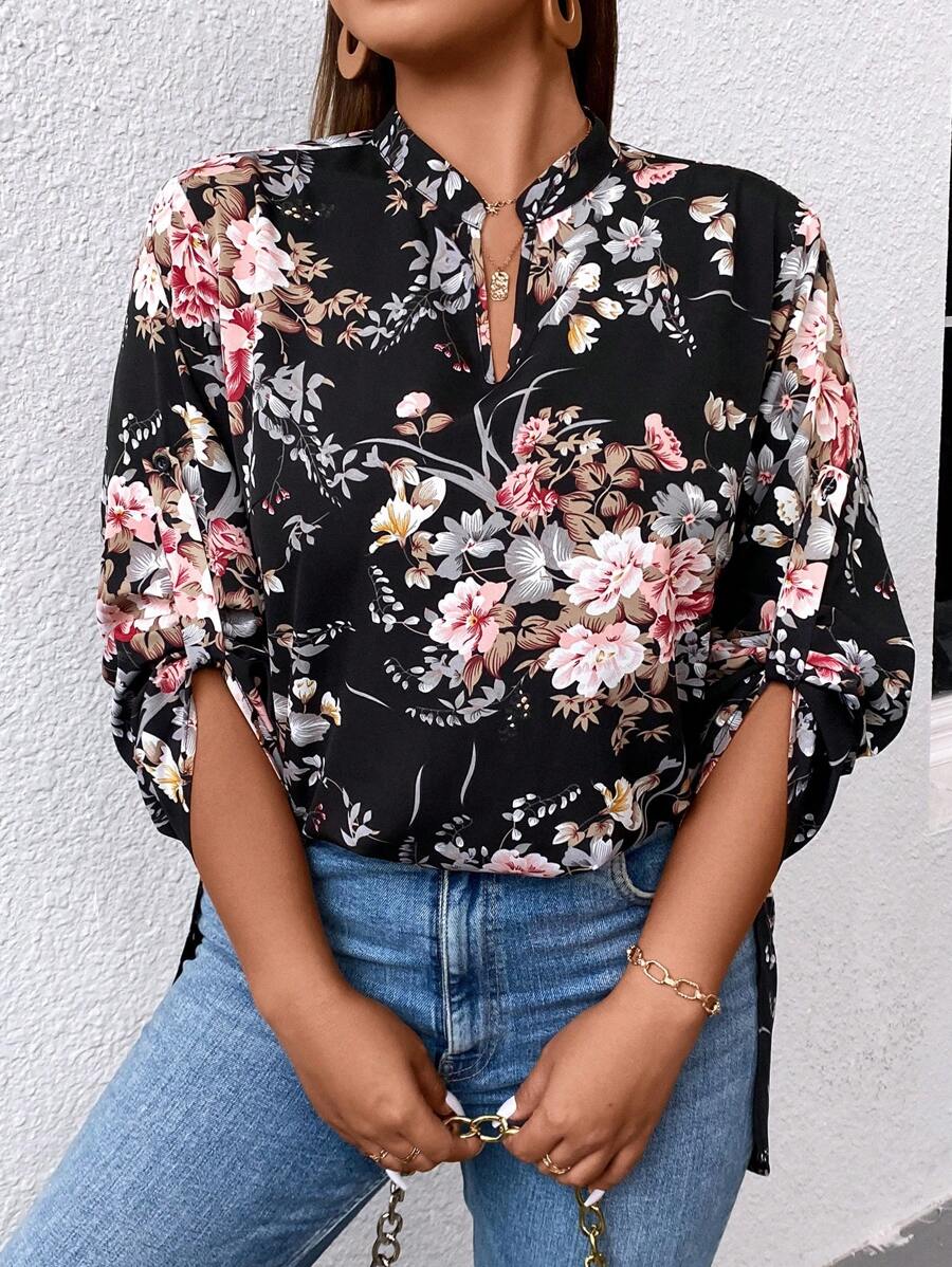SHEIN LUNE Plus Floral Print Roll Tab Sleeve Blouse - Black - View 1