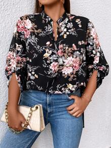 SHEIN LUNE Plus Floral Print Roll Tab Sleeve Blouse - Black - View 2